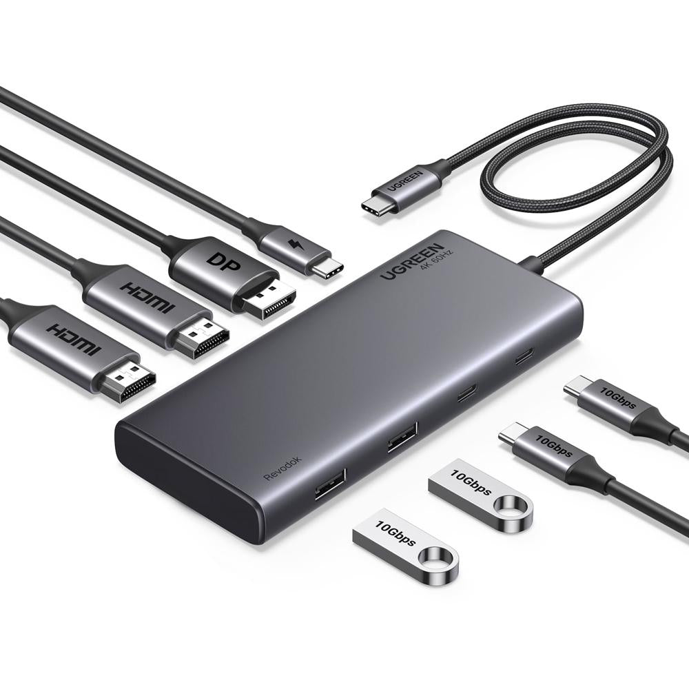CM639, UGREEN, USB HUB, Revodok 308, HDMI, DP, Type-C, USB-A, PD, 8 in 1 USB C Docking Station, Grey.