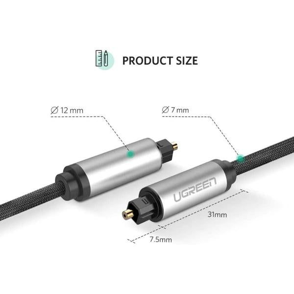 AV108, UGREEN, Cable, Toslink Optical Audio Cable, 2m, Black/Silver.