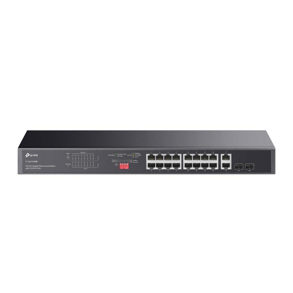 TP-Link, TL-SG1218MP, 16× Gigabit PoE+ RJ45 ports, 2× Gigabit on-PoE RJ45 ports, and 2× Combo Gigabit SFP slots 802.3af/at