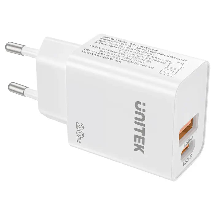 P1124AWH01-EU,  UNITEK, 20W 2-Port Wall Charger (USB-A QC + USB-C PD), White