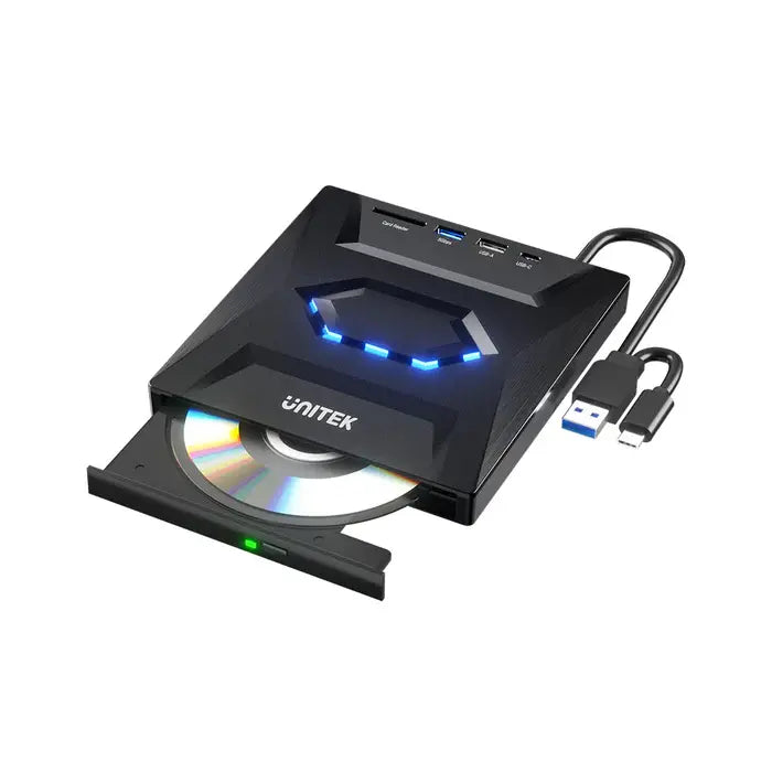 UNITEK, USB Adapter, T1037A01,, 5-in-1 External Optical Drive with USB Hub,SD Card Reader- Up to 5 Gbps; 8x DVDR, 24x CD wri