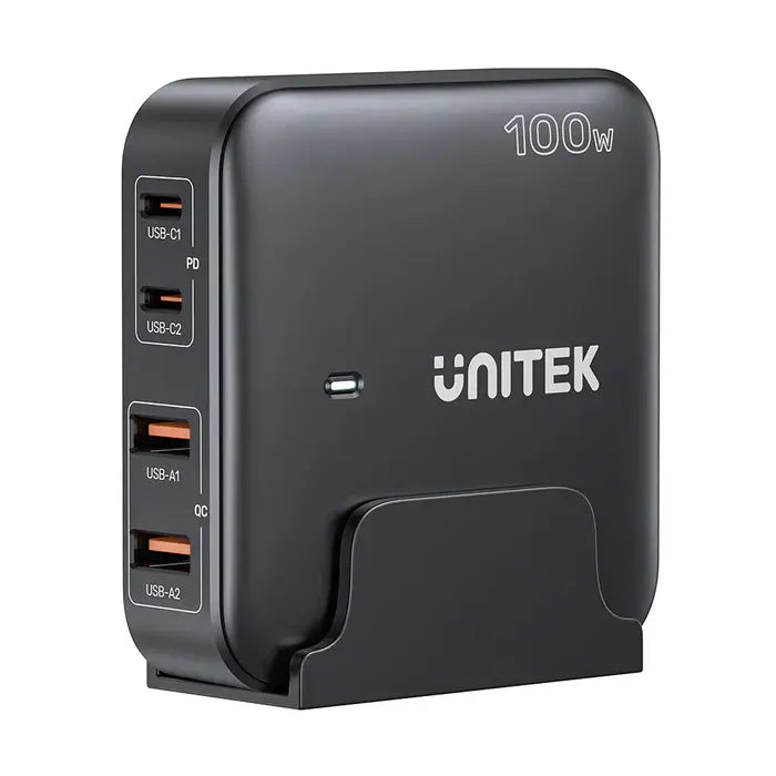 P1229ABK, UNITEK, Charger, 100W 4-in-1 Desktop GaN Charger (2*USB-C PD + 2*USB-A QC3.0), with 1.5M Power Cord, Black.