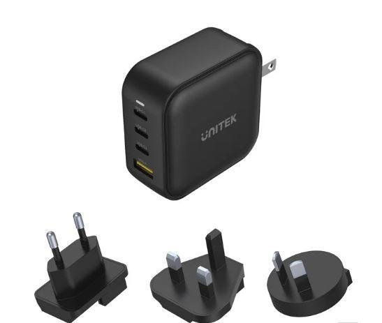 P1112ABK, UNITEK, Charger, 100W 4-in-1 USB GaN Charger (3*USB-C PD + USB-A QC3.0), With US/EU/UK/AU Plugs, Black.
