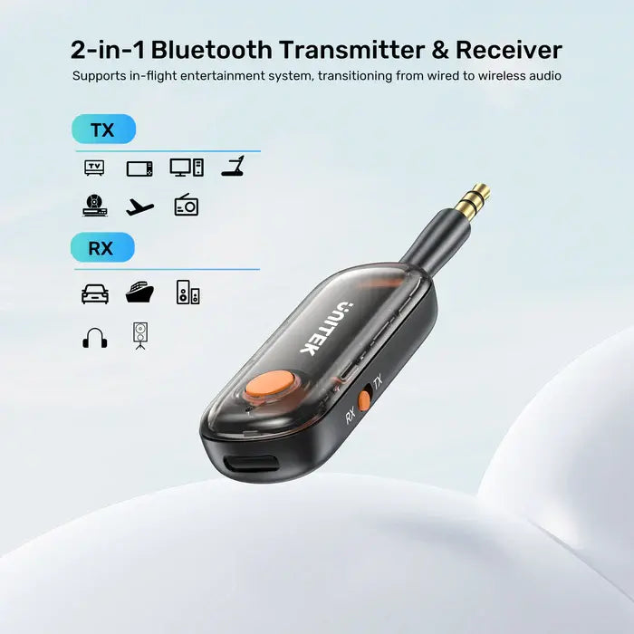 B1111A01, UNITEK, Bluetooth Adapter, 2-in-1 Bluetooth 5.3 Transmitter/Receiver, up to 10 m, latency 40ms, charge up to 10